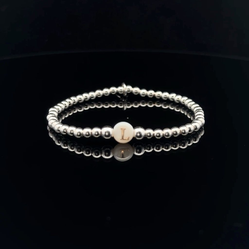 925 Sterling Silver Beaded Stretch Stacking Bracelet Mop Letter Initial L